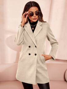 SHEIN Clasi Áo khoác ngoài cổ ve hai hàng khuy cho mùa thu/đông - Màu be - Xem 3