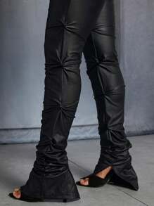 SHEIN Slayr Sexy Summer Music Festival Casual Tight-Fitting Elegant Cut Out Waist PU Leather Stacked Pants Women's Bodycon Pants - Black - View 3