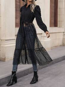 SHEIN LUNE Gigot Sleeve Ruffle Dobby Mesh Hem Belted Blouse - Black - View 3