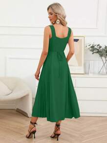 SHEIN Privé Vestido de tirantes unicolor bajo fruncido - Verde - Ver 2