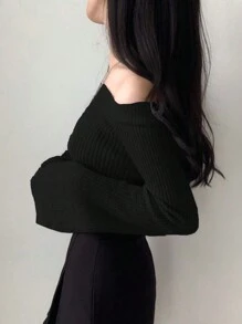 DAZY Suéter de punto acanalado de manga raglán hombros descubiertos para otoño - Negro - Ver 2