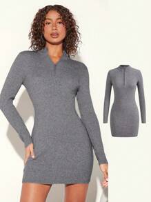 SHEIN BASICS Zipper Front Bodycon Sweater Dress - Light Grey - View 1