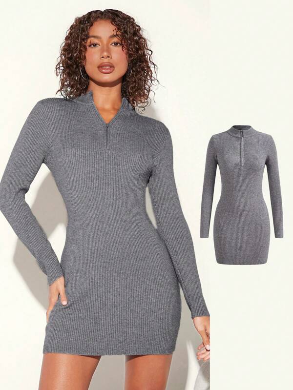 SHEIN BASICS Zipper Front Bodycon Sweater Dress