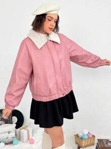 SHEIN EZwear Plus Borg Collar Raglan Sleeve Zip Up Jacket