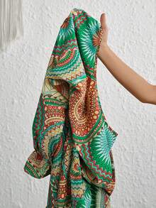 SHEIN VCAY Talla grande Vestido con estampado de mándala de manga con volante bajo con fruncido sin cinturón - Multicolor - Ver 6