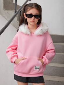 Áo nỉ cho bé gái tuổi teen, có chữ cái thêu, túi kangaroo và viền lông mềm mại. - Hồng - Xem 3