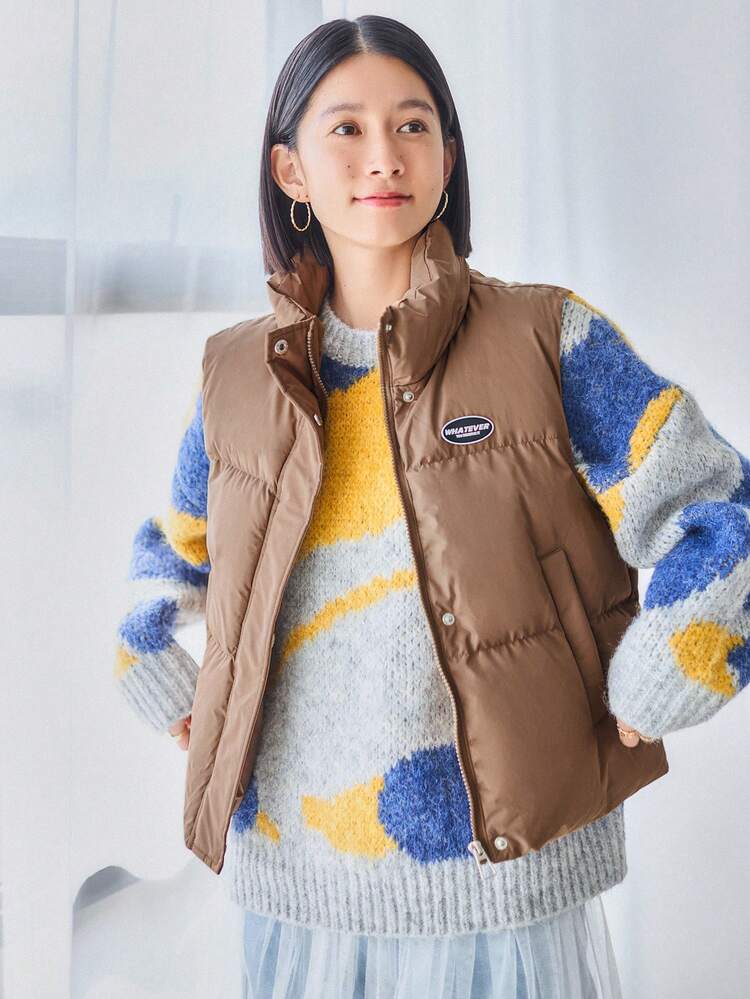 1pc Letter Patched Detail Snap Buttoned Zipper Vest Padded Coat Jacket Winter