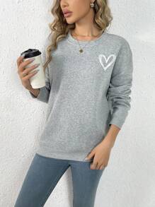 SHEIN LUNE Heart Print Drop Shoulder Sweatshirt - Grey - View 6