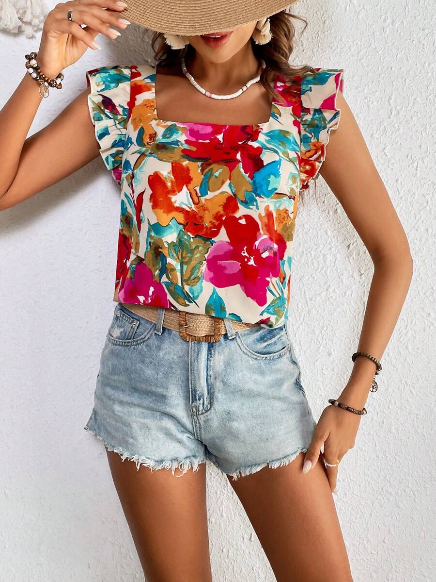 SHEIN VCAY 印花荷葉邊襯衫 - 彩色 - 查看 1