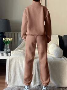 RueChic 半拉鏈落肩袖衛衣和衛褲 - 棕色 - 查看 2