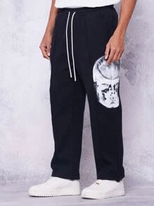 SUMWON Quần dài thể thao dáng rộng thời trang cao cấp Unisex có in hình mặt X-quang, cạp chun, dây rút, mặc dạo phố, thu đông - màu đen - Xem 7
