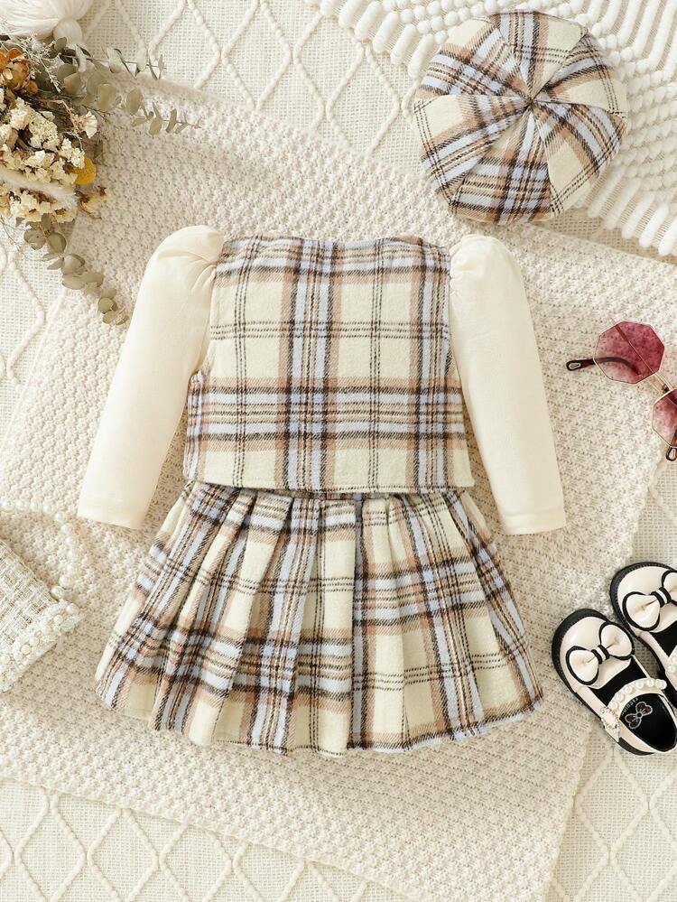 Baby Girl Puff Sleeve Tee & Vest Coat & Plaid Print Pleated Skirt & Hat