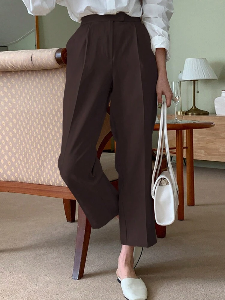 High Waist Plicated Detail Straight Leg Pants Women Dress Pants Fall
