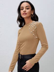 SHEIN Clasi Camiseta con cuenta de perla tejido de canalé - Camel - Ver 3