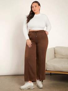 SHEIN BASICS Plus Drawstring Waist Split Hem Sweatpants - Coffee Brown - View 5