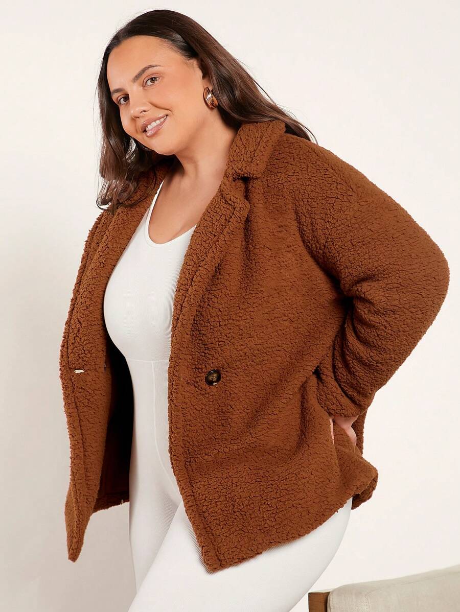 SHEIN BASICS Plus Lapel Neck Double Button Teddy Coat - Rust Brown - View 1