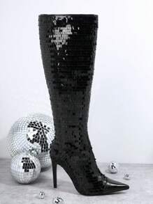 SHUZIA Botas con lentejuelas cremallera lateral con tacón delgado - Negro - Ver 3