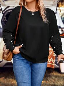 SHEIN LUNE Plus Pearls Beaded Drop Shoulder Sweatshirt - Black - View 4