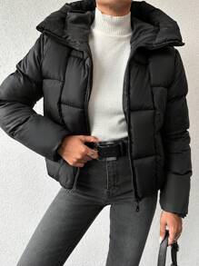 EURMUSE Women'S Zipper Closure Hooded Padded Coat - Black - View 1