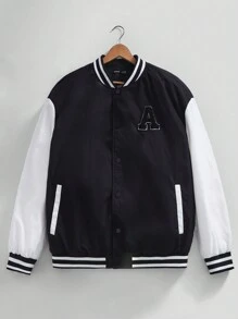 Manfinity VCAY Oversized Men Plus Size Letter Patched Striped Trim Drop Shoulder Two-Tone Varsity Jacket
