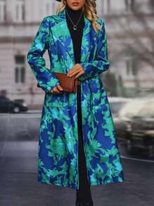 EMERY ROSE Floral Print Lapel Neck Belted Overcoat - Multicolor - View 4