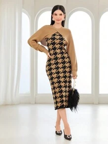 Modelyn Đồ họa Houndstooth Váy len ba lô & tay cánh Siêu crop Áo len - màu nâu - Xem 5