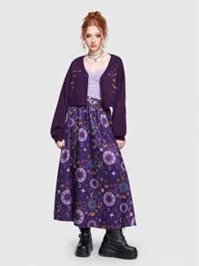 ROMWE Hippie Cárdigan con patrón de luna y estrella de hombros caídos - Morado - Ver 3