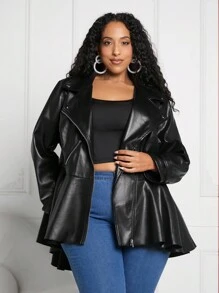 SHEIN CURVE+ Kích thước lớn Vòng cổ Da giả Áo khoác - màu đen - Xem 3