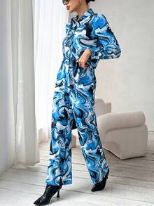 SHEIN Essnce Marble Print Shirt & Wide Leg Pants - Blue - View 5
