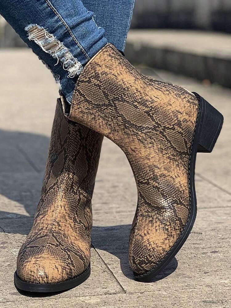 Botines De Mujer Con Punta Fina Y Estampado De Piel De Serpiente En El Tobillo - Amarillo - Añade 5