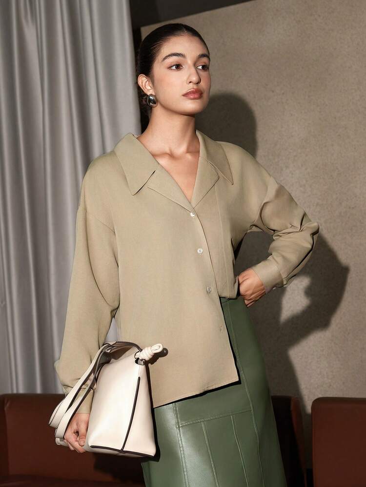 Solid Button Front Blouse Fall Cloth For Women