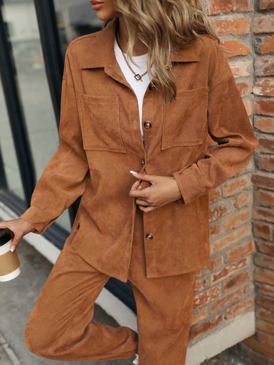SHEIN LUNE Drop Shoulder Corduroy Shirt & Pants - Khaki - View 1