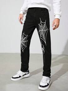 SHEIN Teen Boy Spider Web Print Straight Leg Jeans - Black - View 5