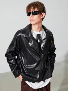 SHEIN 青少年男孩拉鏈開襟PU皮革機車夾克 - 黑色 - 查看 5