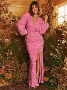 Melci Studio Cổ Lao Tay áo lồng đèn Tách đùi Kim sa Đầm - Hồng - Xem 10