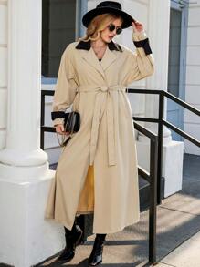 Calvaya Plus Contrast Collar Belted Trench Coat - Khaki - View 1