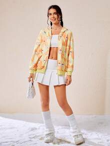 SHEIN EZwear 小熊圖案落肩袖拉鏈連帽衫 - 卡其色 - 查看 6