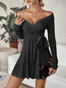 EMERY ROSE Surplice Neck Pleated Hem Belted Sweater Dress Fall Winter Cloth For Women - Black - View 3