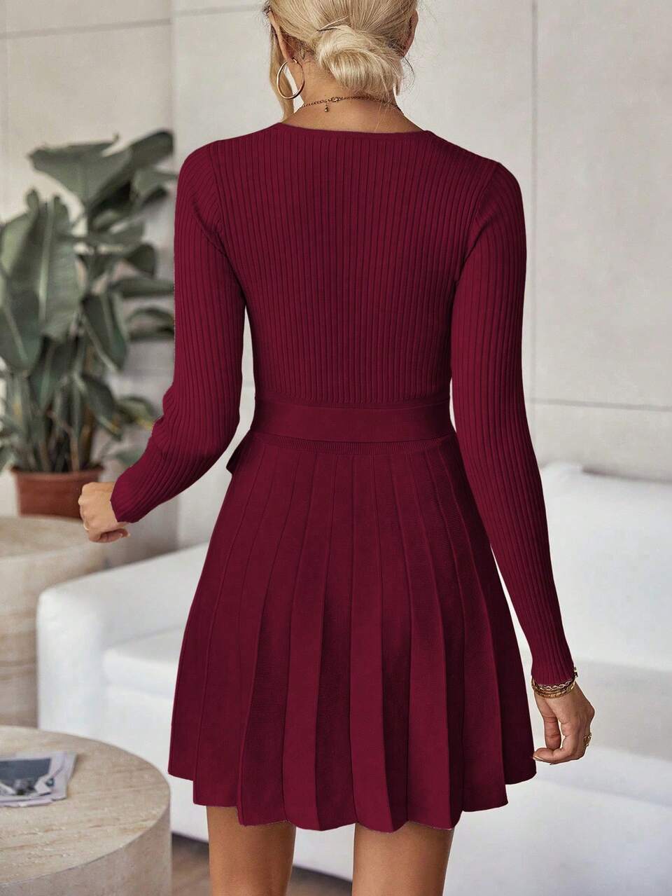 Surplice Neck Pleated Hem Belted Sweater Dress Fall Winter Cloth For Women
