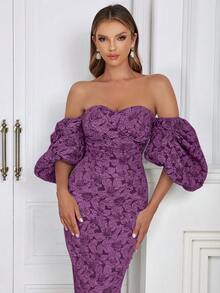 Off Shoulder Lantern Sleeve Split Back Bodycon Dress - Purple - View 6