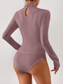 SHEIN Frenchy Guipure Lace Insert Mock Neck Eyelet Embroidery Bodysuit - Dusty Pink - View 3