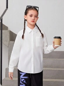 女大童人像圖案落肩袖襯衫 - 黑與白 - 查看 2