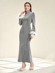 Modelyn Fuzzy Cuff Mock Neck Glitter Dress - Silver - View 1