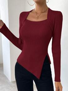Chiquease Square Neck Split Hem Ribbed Knit Sweater,Long Sleeve Tops Knit Pullover Fall Winter Sweater - Burgundy - View 3