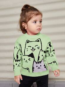 SHEIN Đứa bé gái Vòng cổ Tay áo dài Dễ thương Hình con mèo Áo len - Nhiều màu - Xem 1