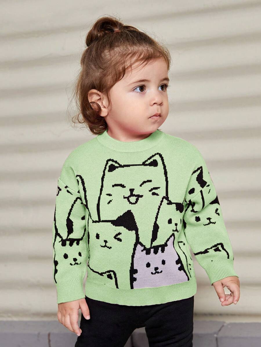 SHEIN Đứa bé gái Vòng cổ Tay áo dài Dễ thương Hình con mèo Áo len - Nhiều màu - Xem 1