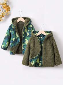 SHEIN Young Boy Zip Up Hooded Reversible Coat - Army Green - View 1