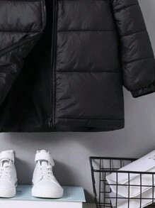 SHEIN Young Boy 1pc Antler Graphic Fuzzy Trim Hooded Padded Coat - Black - View 6