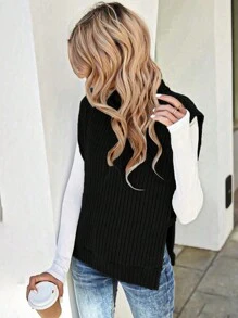 SHEIN LUNE 1 Miếng Áo cao cổ Viền chia cắt Áo ba lỗ - màu đen - Xem 3