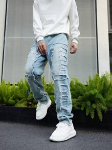 Manfinity Nam Rách Frayed Quần legging thẳng - Màu xanh lam - Xem 3